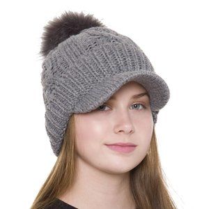 COPY - WOMENS GRAY LUXURY SOFT KNITTED HAT W/ FAUX FUR POM-POM & SHERPA LINI - …